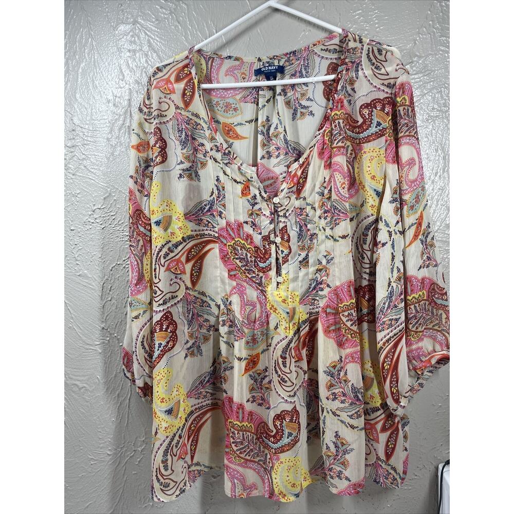 Old Navy Blouse Womens Ivory Multicolor Floral V Neck 3/4 Sleeve Shear Shirt XXL